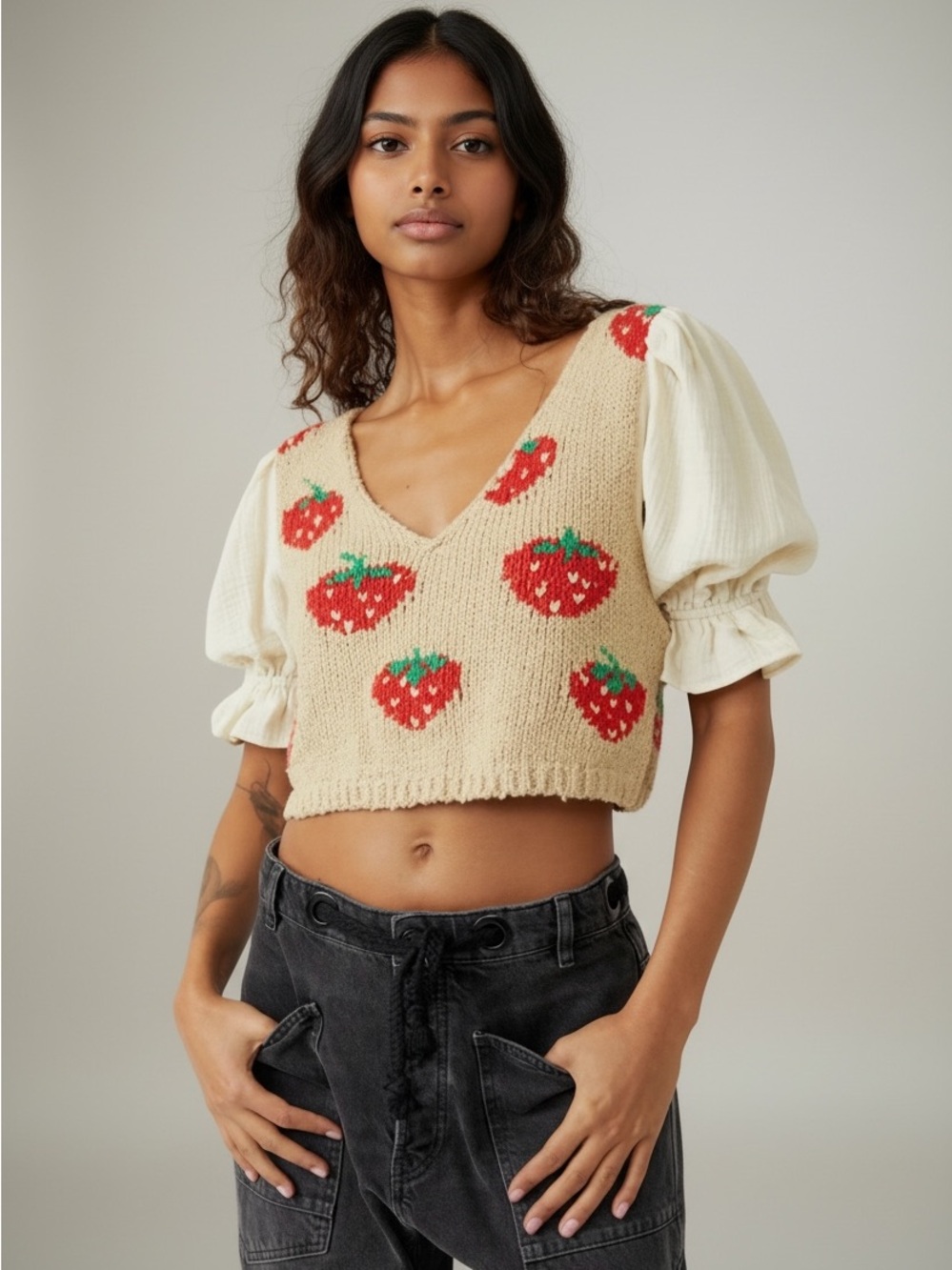 Free People Strawberry Jam Mixed Media Sweater Vest Top XS